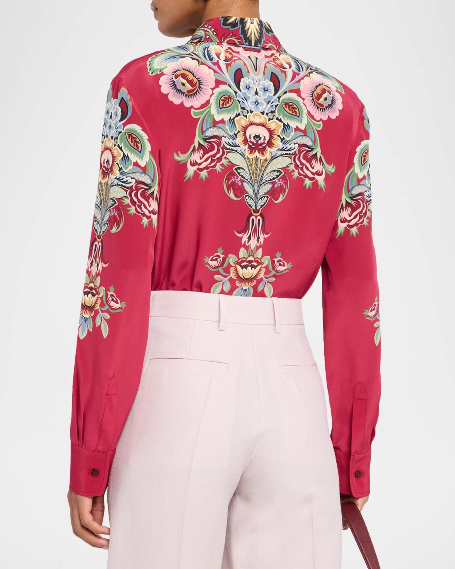 Floral Silk Long-Sleeve Tunic Blouse Product Image
