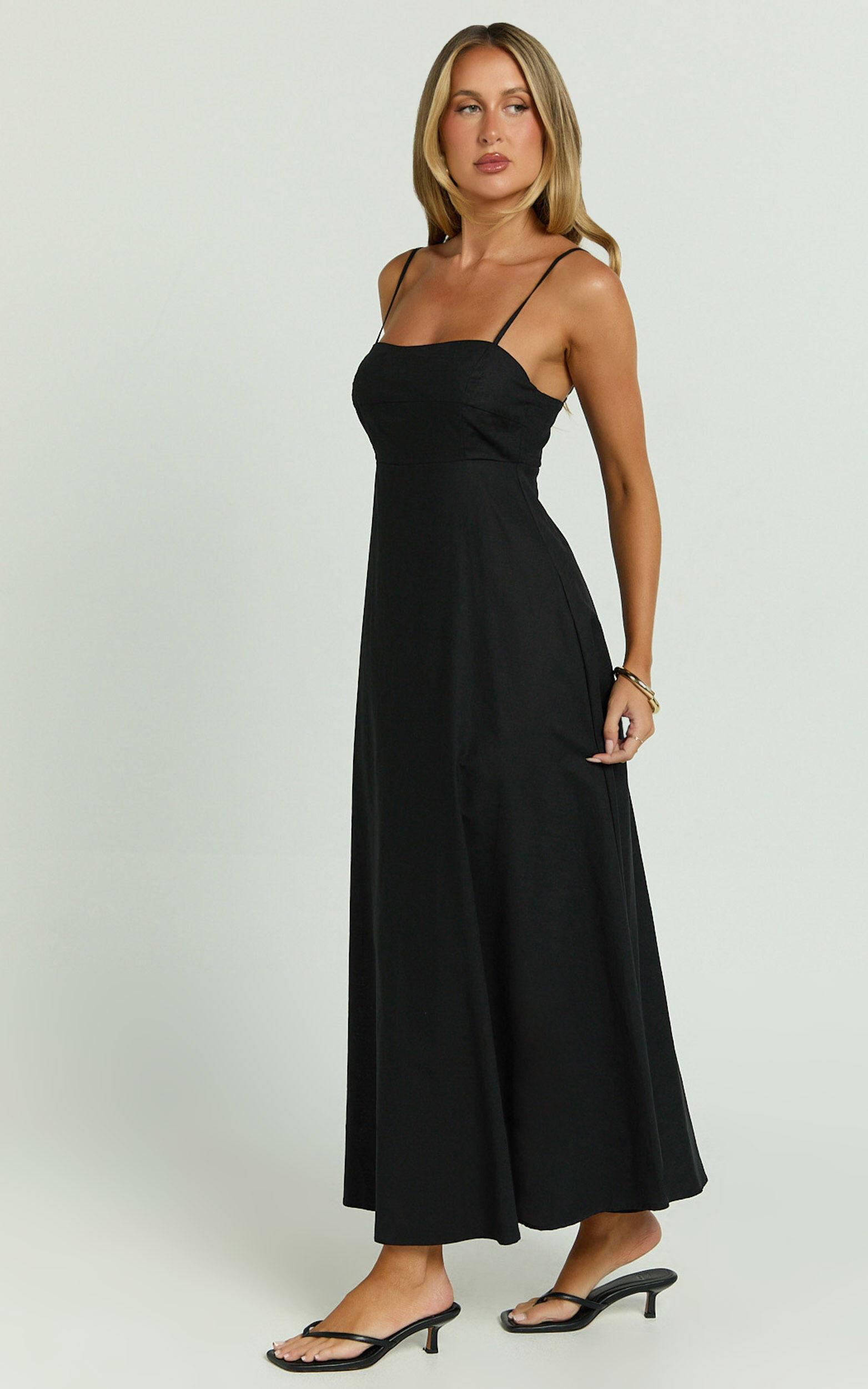 Brette Midi Dress - Linen Straight Neck Strappy Fit And Flare Dress in Black Product Image