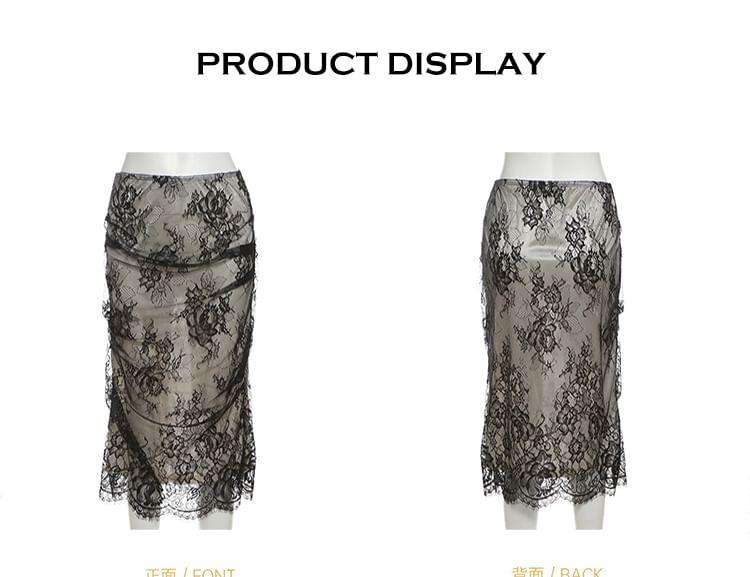 Floral Asymmetrical Lace Tube Top / High Waist Midi Pencil Skirt Product Image