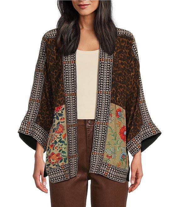 John Mark Woven Multi Print Embroidered Open Front Neck 3/4 Sleeve Kimono Jacket Product Image