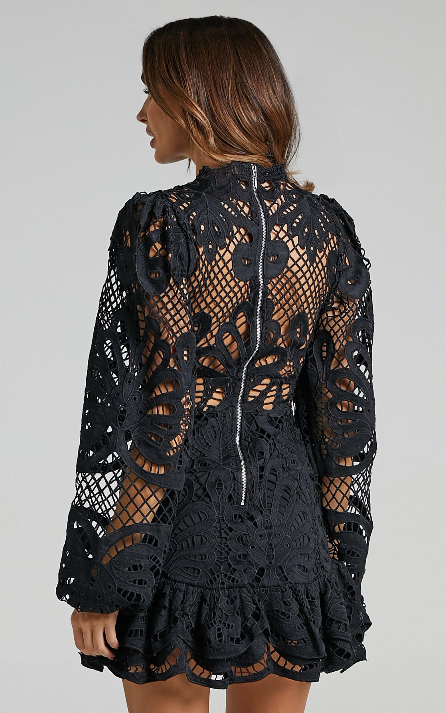 Kiss Me Now Mini Dress - Long Puff Sleeve Dress in Black Lace Product Image