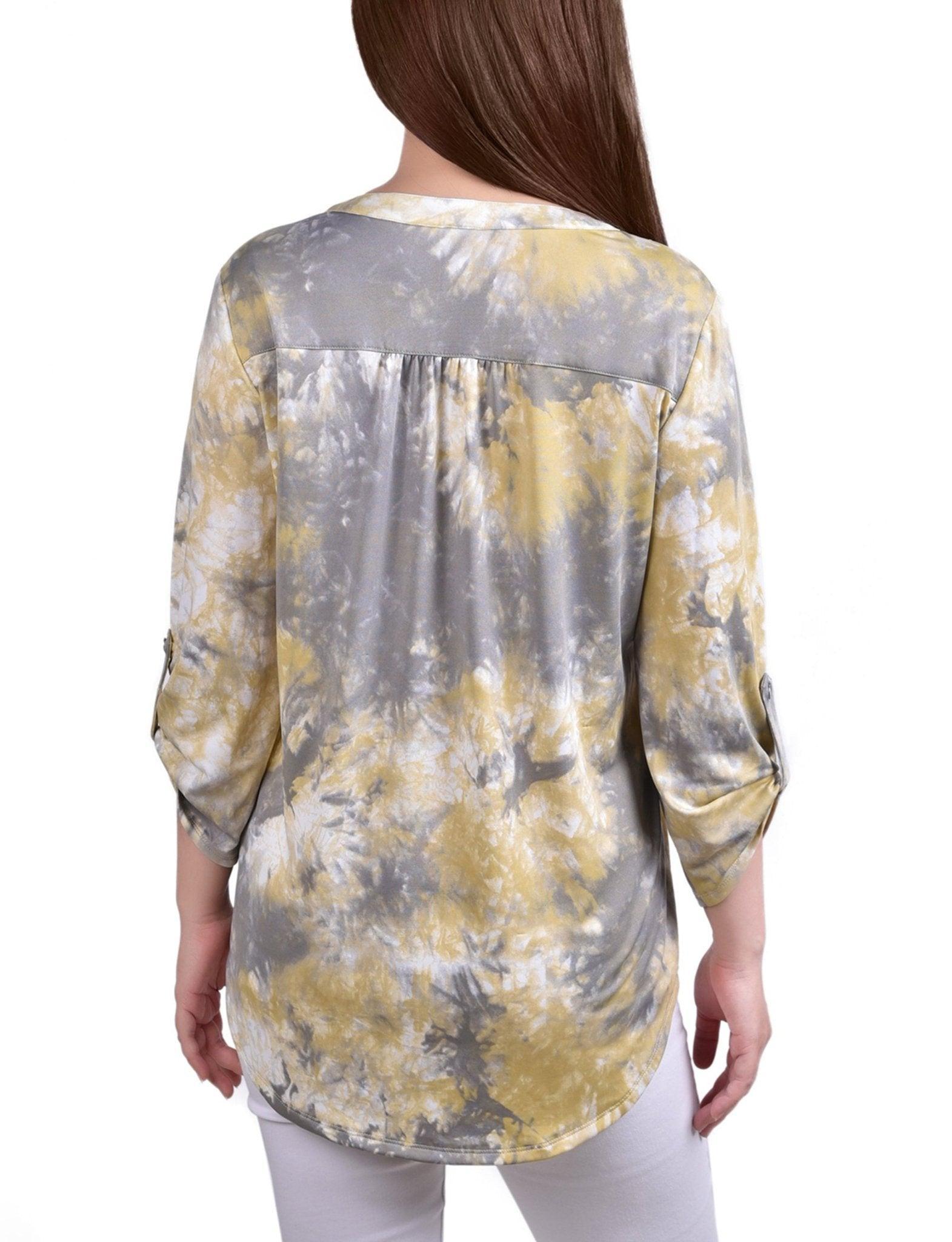 Yellow Tiedye 3/4 Bell Sleeve Pleat Front Y Neck Top Product Image