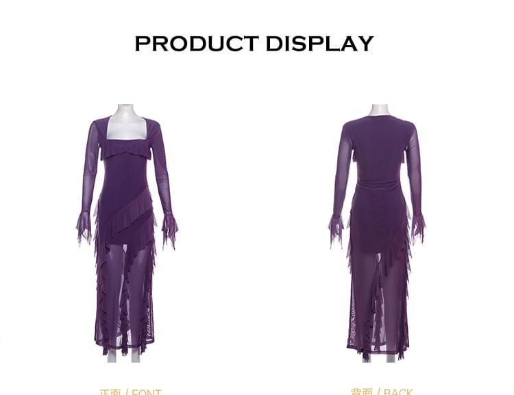 Flared-Sleeve Square Neck Plain Ruffle Maxi Sheath Dress Product Image