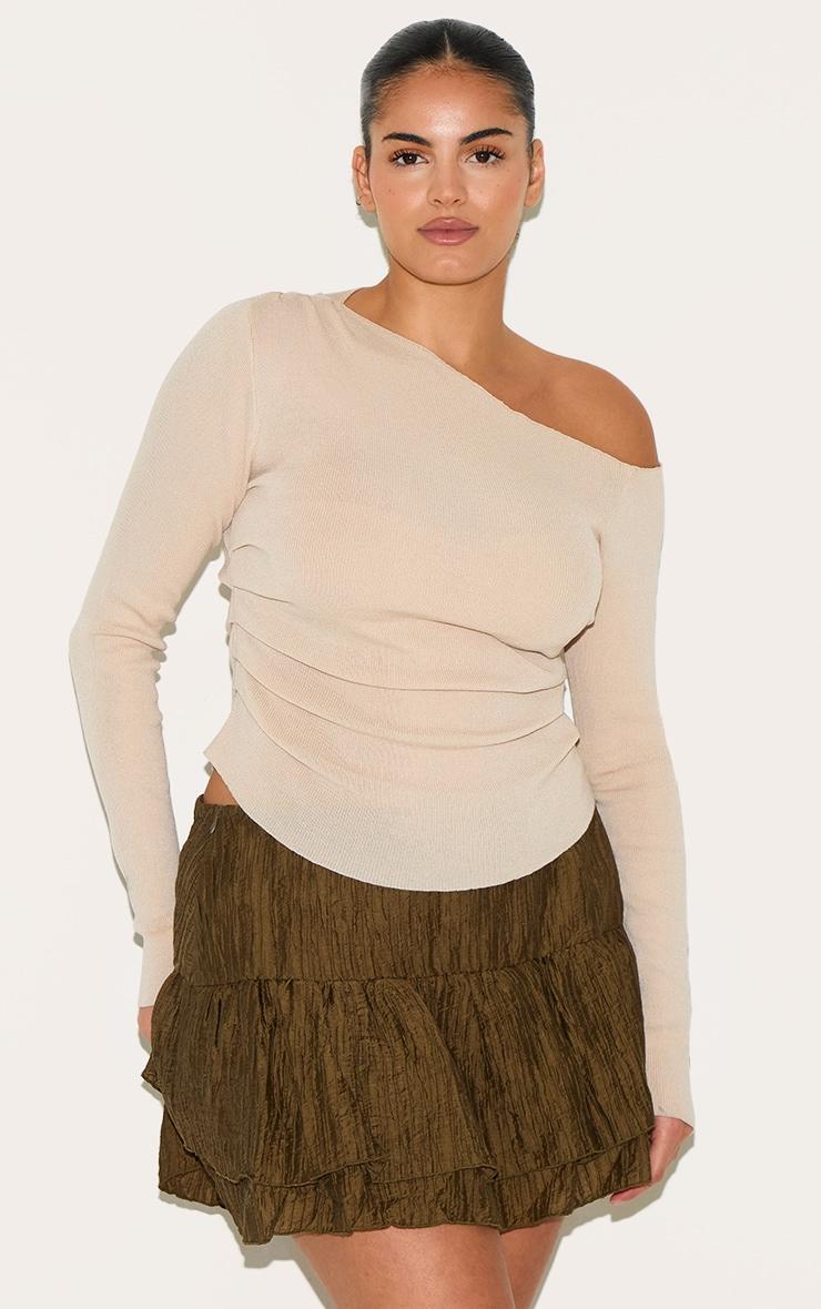 Plus Khaki Crinkle Woven Dropped Waist Frilly Mini Skirt Product Image