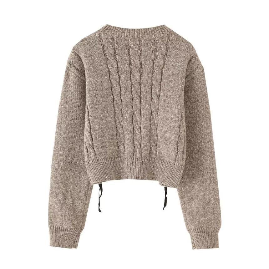 Long Sleeve Plain Lace-Up Cable-Knit Loose-Fit Sweater Product Image