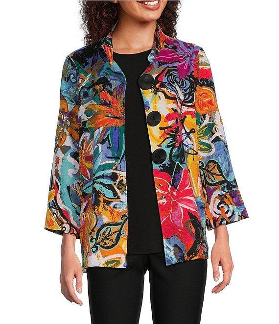 Ali Miles Abstract Floral Wire Collar 3/4 Sleeve Button Front Jacket Product Image