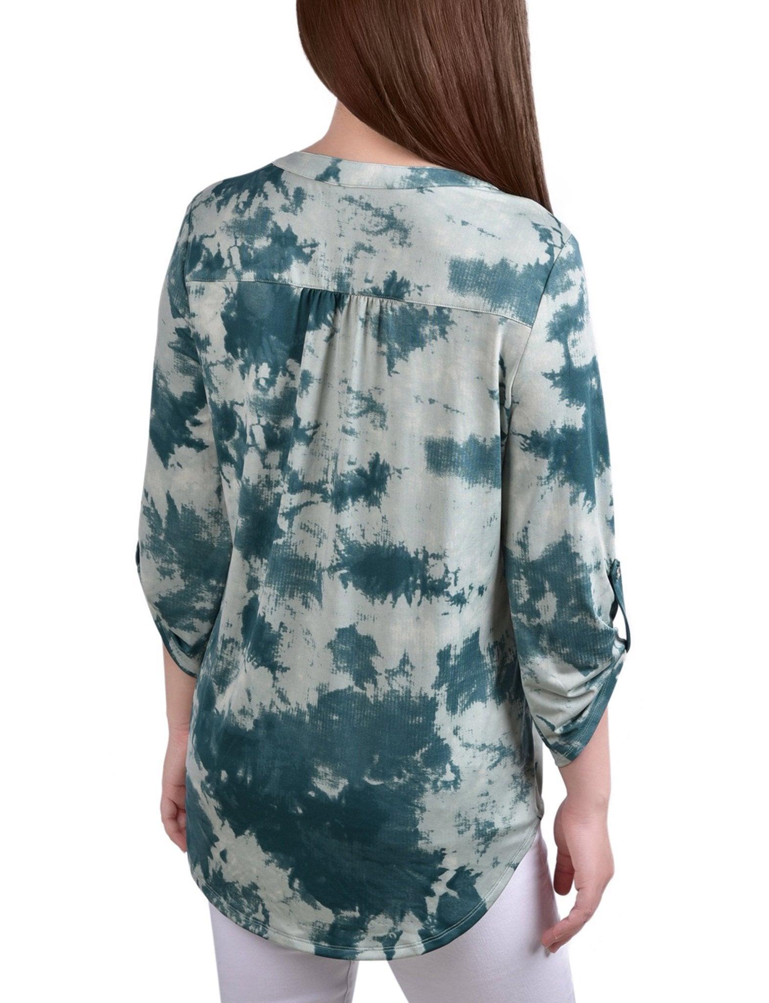 Seafoam Tiedye 3/4 Bell Sleeve Pleat Front Y Neck Top - Petite Product Image