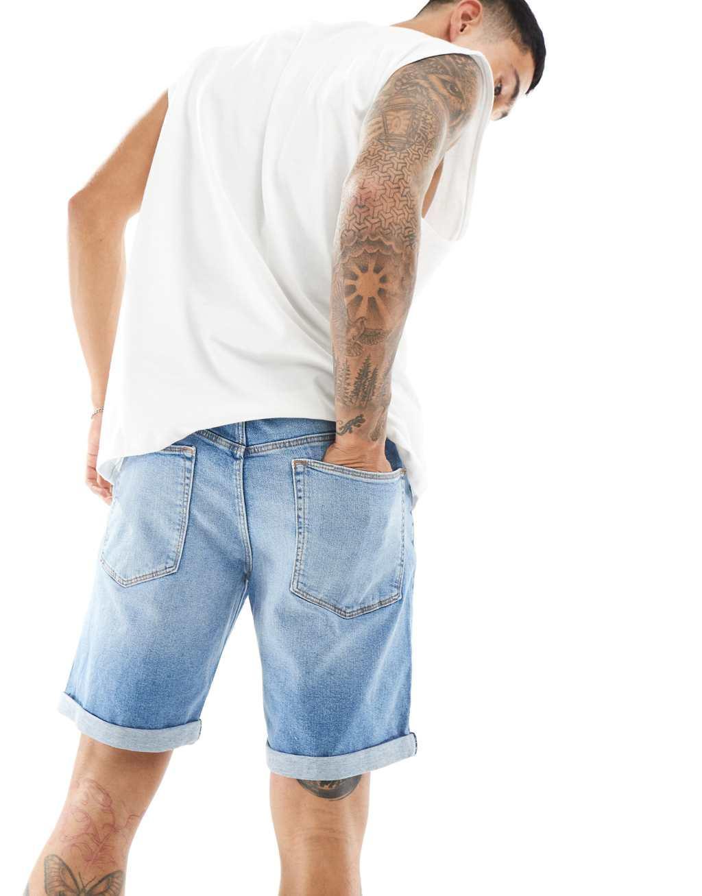 ASOS DESIGN stretch slim regular length denim short in vintage light wash blue Product Image