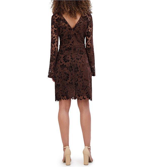 Kensie Velvet Lace V-Neck Long Bell Sleeve Mini Dress Product Image