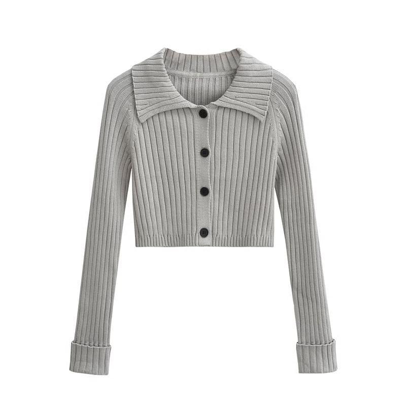 Collared Plain Ribbed Knit Cropped Cardigan Product Image