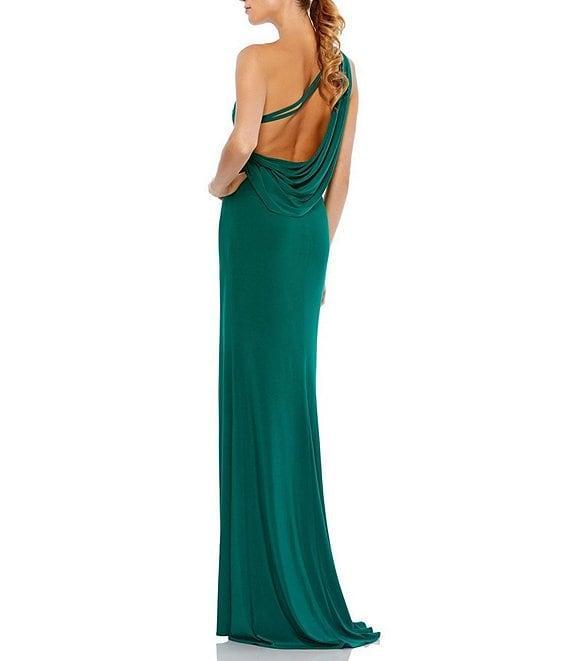 Mac Duggal Sleeveless One Shoulder Thigh High Slit Draped Back Detail Jersey Sheath Gown Product Image