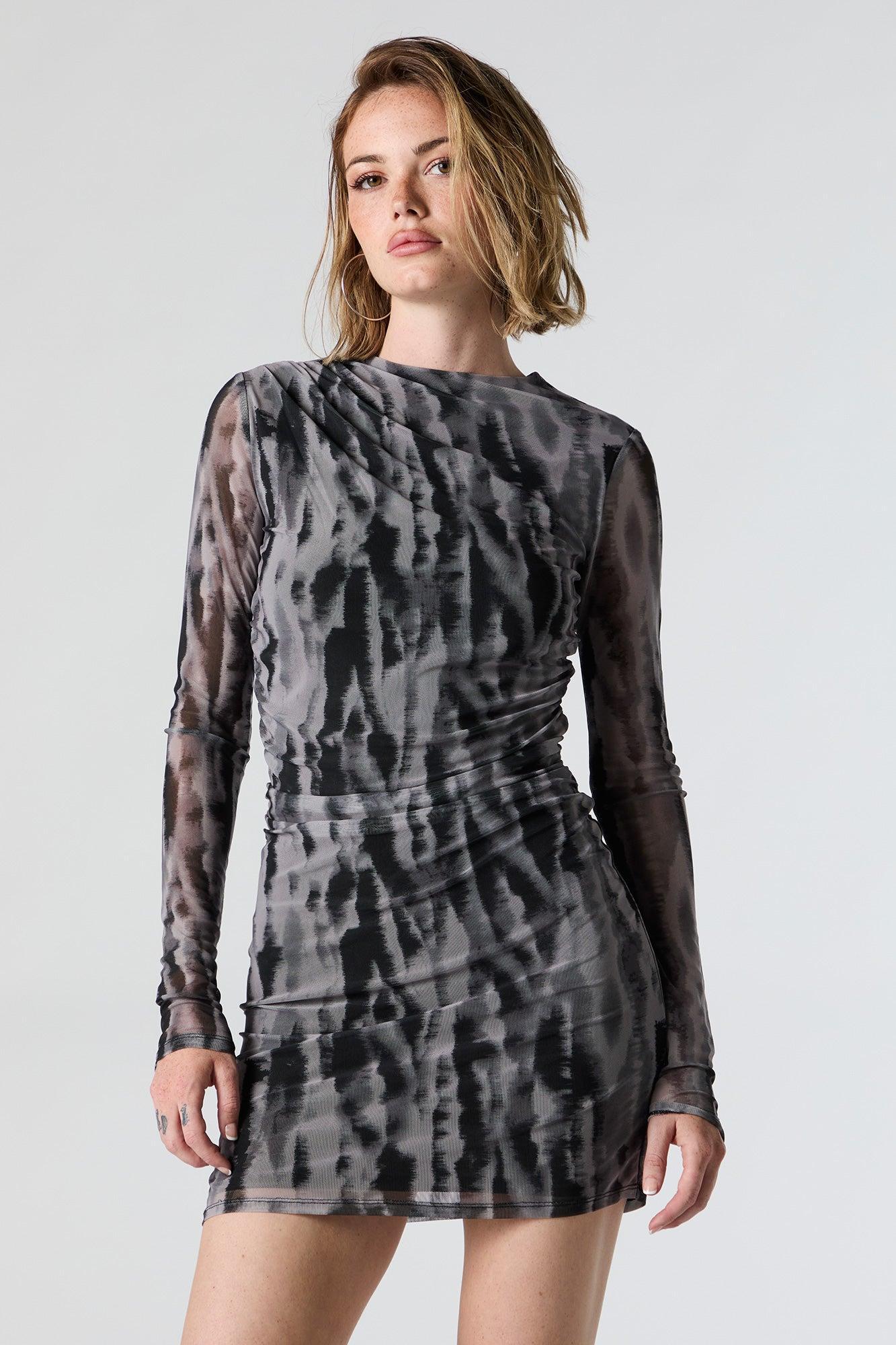 Mesh Ruched Long Sleeve Mini Dress Female Product Image