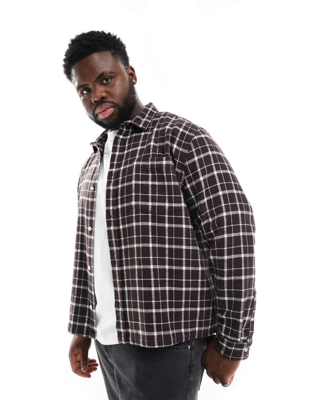 ASOS DESIGN boxy shirt in brown window pane plaid Product Image