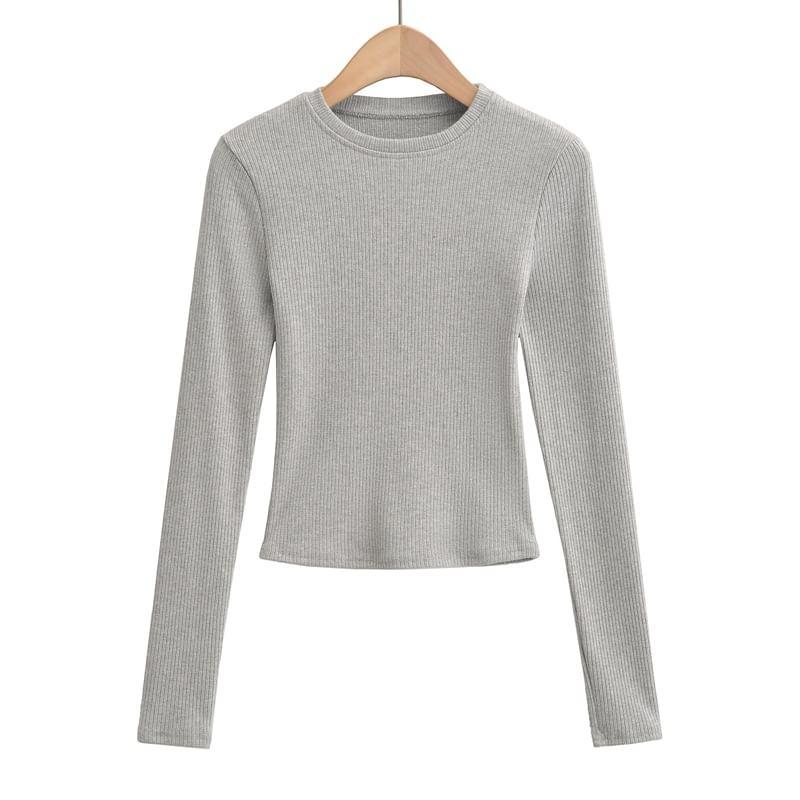Long Sleeve Round Neck Plain Ribbed Knit Crop Top Product Image