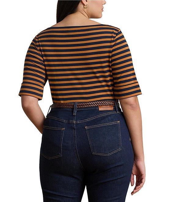 Lauren Ralph Lauren Plus Size Stretch Cotton Striped Boat Neck Elbow Sleeve Tee Product Image