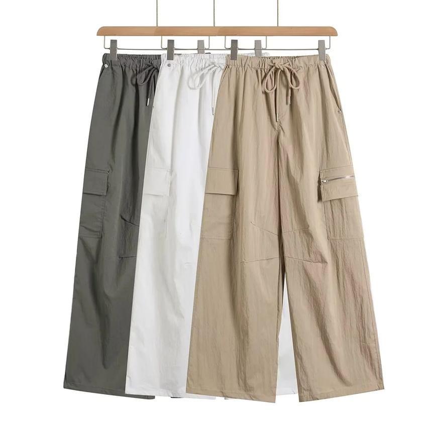 Drawstring Waist Plain Wide Leg Cargo Pants Product Image