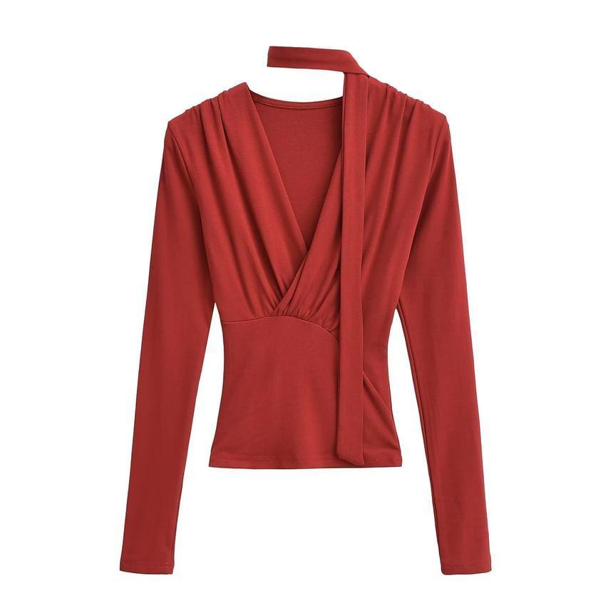 Set: Long-Sleeve V-Neck Plain Top + Scarf Product Image