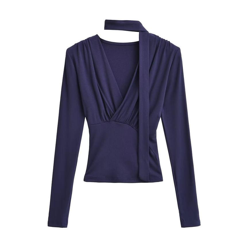 Set: Long-Sleeve V-Neck Plain Top + Scarf Product Image