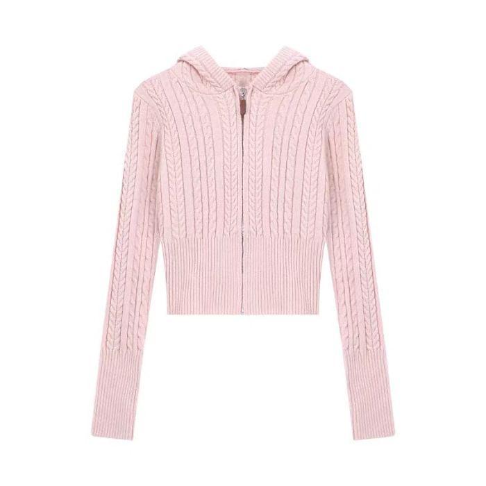 Plain Hood Cable Knit Zip Cardigan Product Image