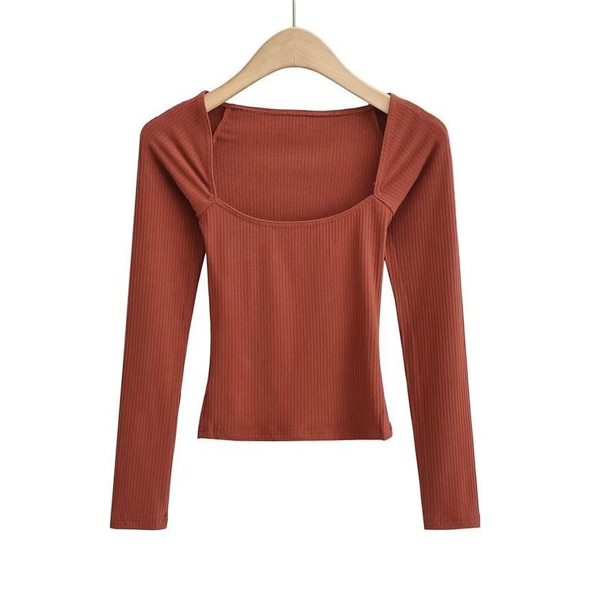 Long Sleeve Square-Neck Plain Slim-Fit Crop Top Product Image