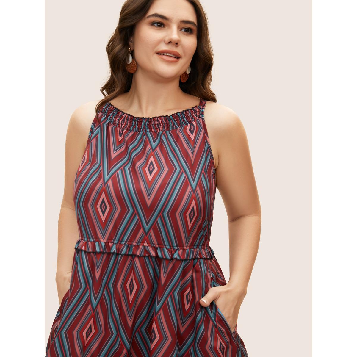 Plus Size Geometric Frill Trim Ruffle Layered Hem Dress Rosered Women Elegant Frill Trim Round Neck Sleeveless Curvy BloomChic 14-16/1X Product Image