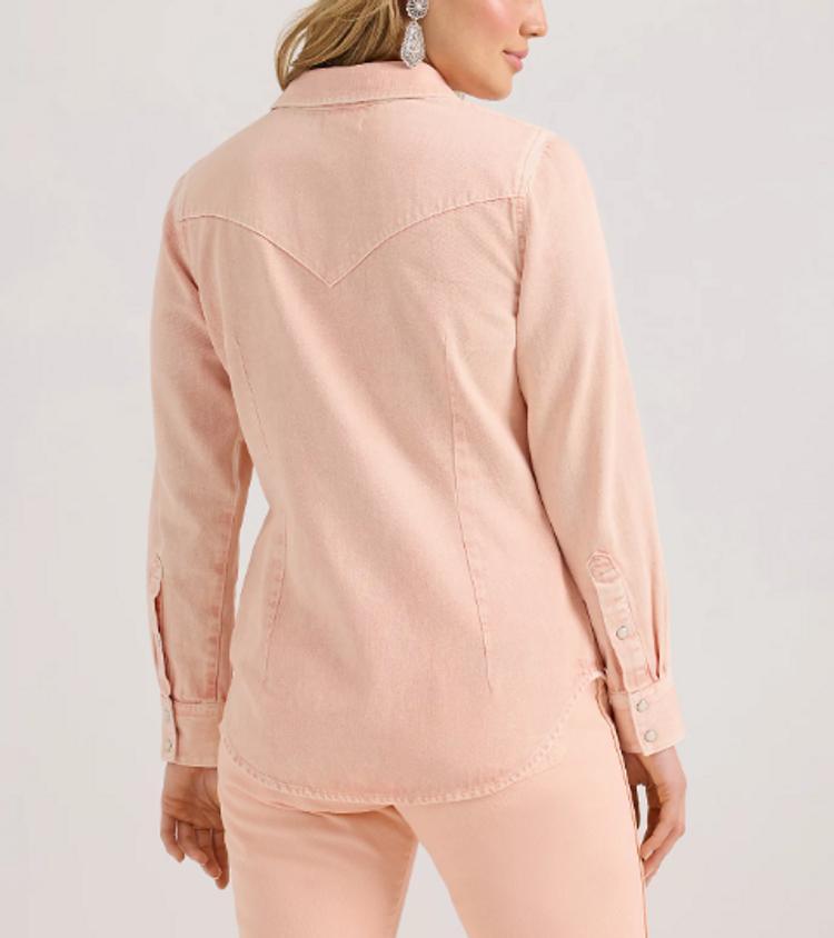 Wrangler® Ladies' L/S Solid Pink/Peach Denim Snap Shirt Product Image
