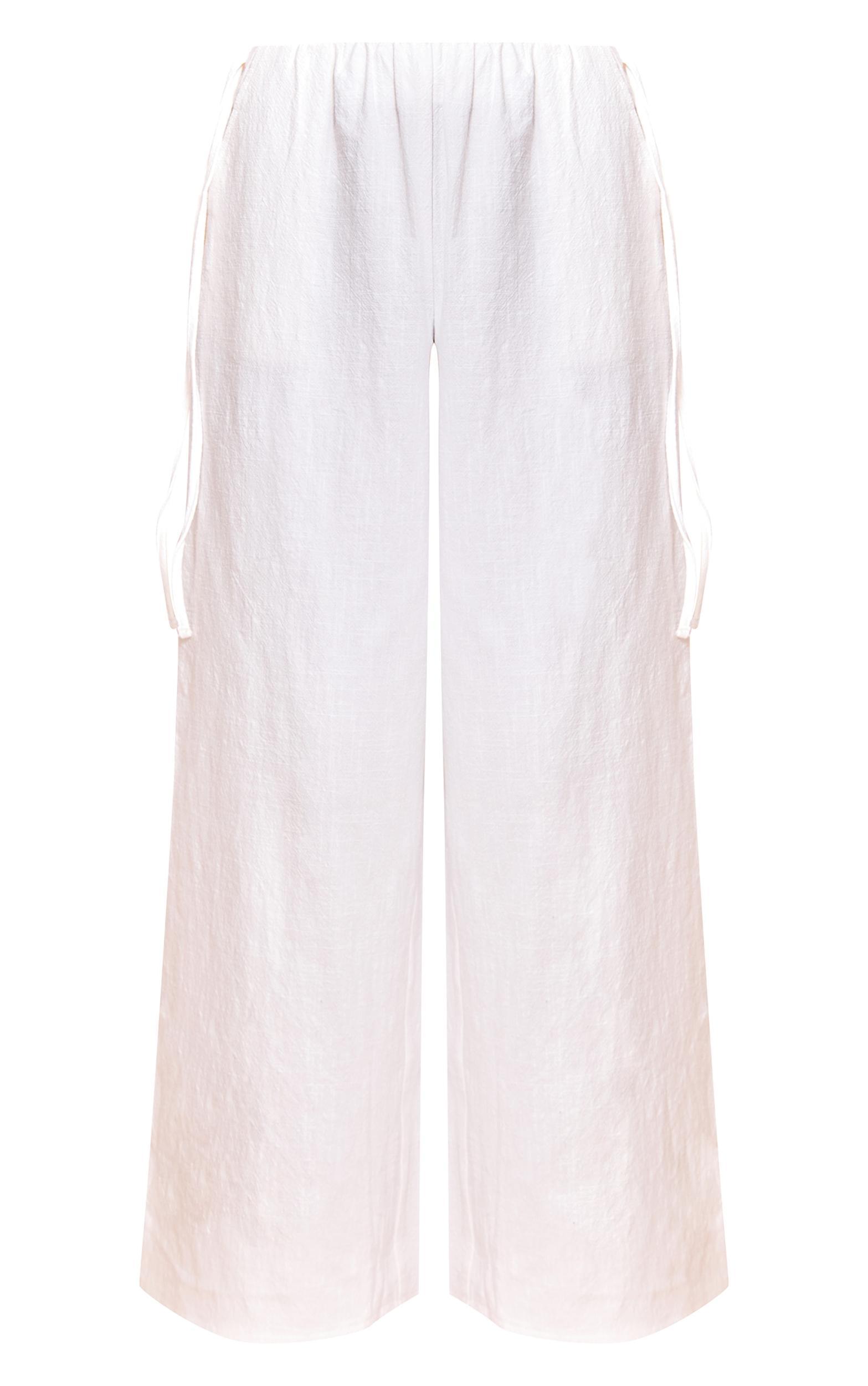 White Premium Linen Side Tie Detail Wide Leg Pants Product Image