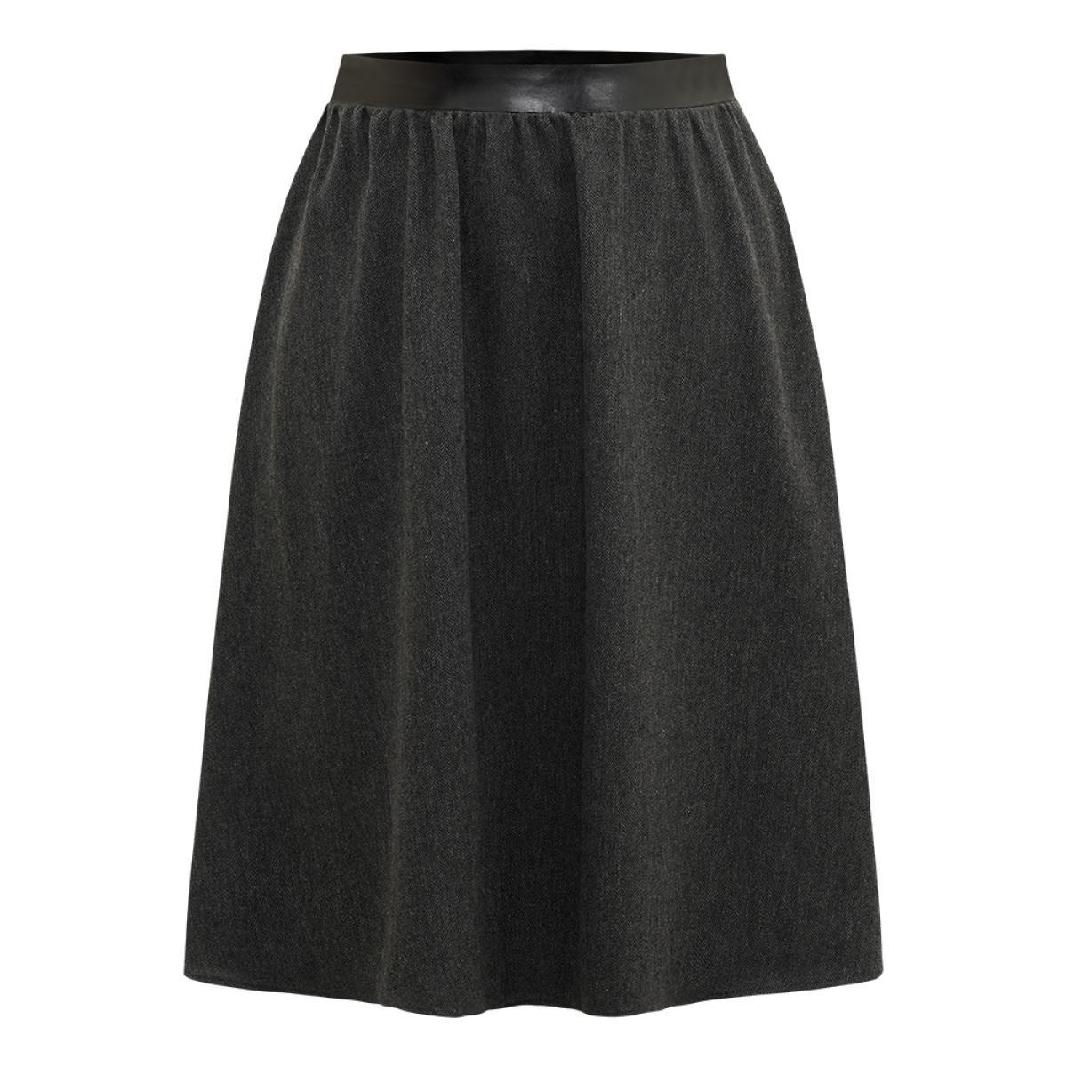 Plus Size Solid PU Patchwork Pocket Elastic Waist Skirt Women DimGray Office Texture No stretch Pocket Work Skirts BloomChic 18-20/2X Product Image