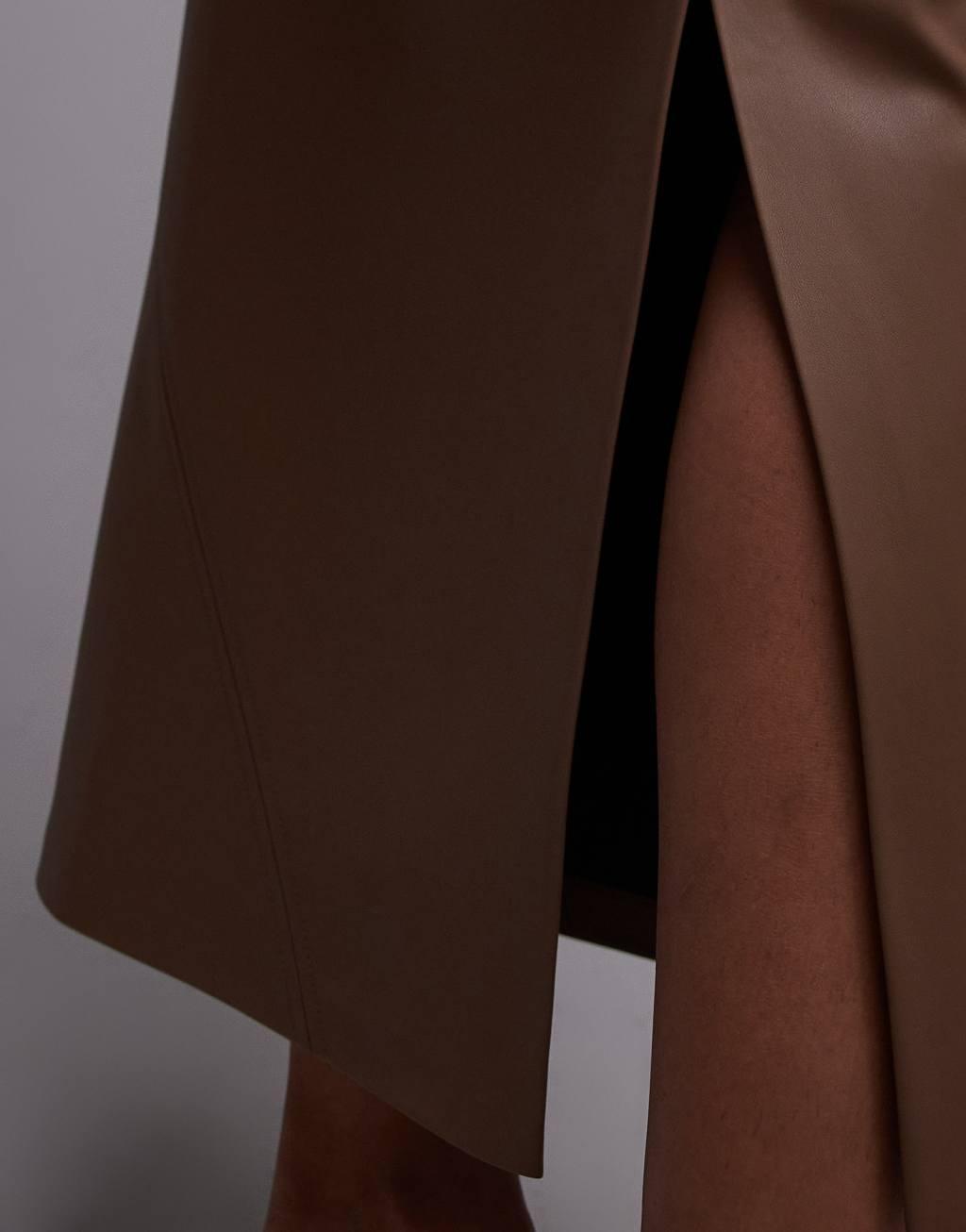 Topshop faux leather clean midi skirt in coffee Product Image