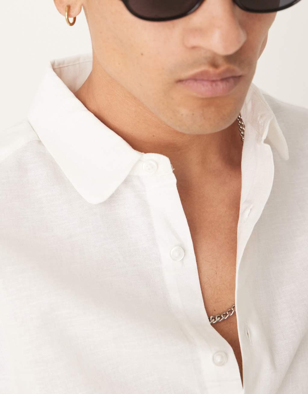  ASOS DESIGN linen blend regular fit dress shirt with penny collar in white Product Image