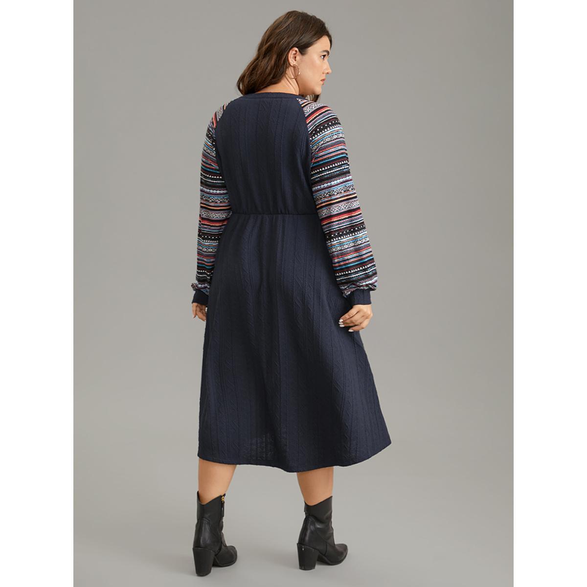 Plus Size Bandana Patchwork Elastic Waist Notched Dress Navy Women Casual Printed Notched collar Long Sleeve Curvy Midi Dress BloomChic 10/M Product Image