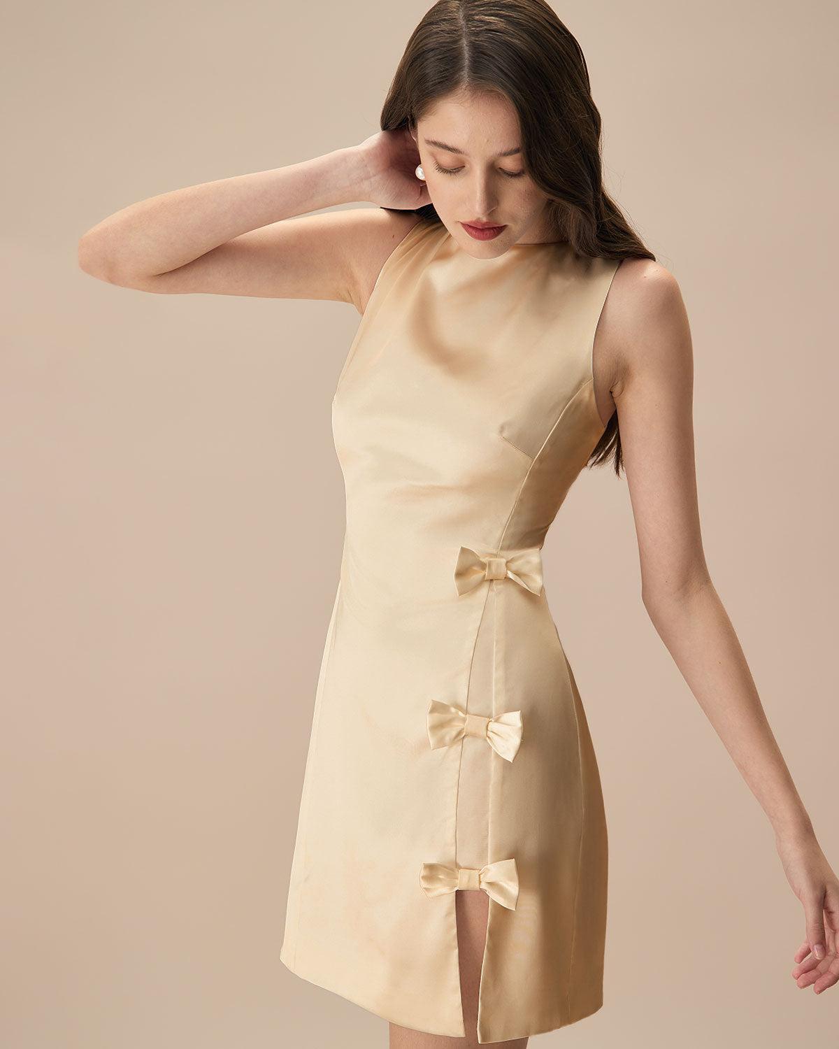 The Yellow Boat Neck Bowknot Satin Mini Dress Product Image