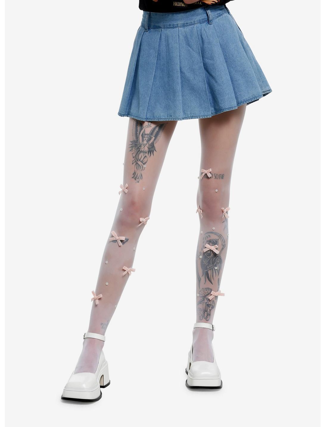 White Pink Bow Pearl Tights Product Image