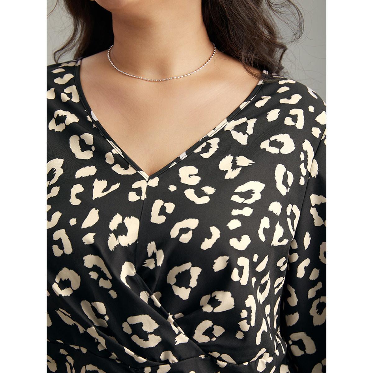 Plus Size Black Leopard Print Crossover Ruched Shirred Blouse Women Elegant Long Sleeve V-neck Dailywear Blouses BloomChic 22-24/3X Product Image