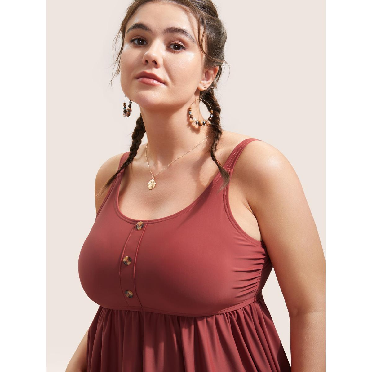 Plus Size Plain Gathered Button Detail Swim Top Women's Swimwear Rust Beach Non High stretch Bodycon U-neck Curve Swim Tops BloomChic 12/L Product Image