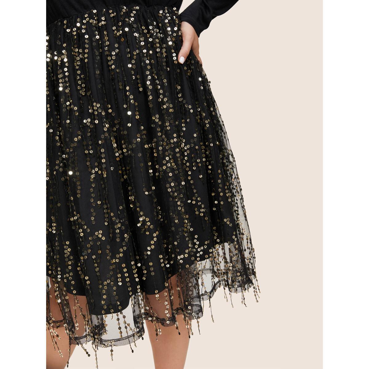Plus Size Patchwork Sequin Mesh Tassel Trim Dress Black Women Cocktail Sequin V-neck Long Sleeve Curvy Knee Dress BloomChic 28/5X Product Image