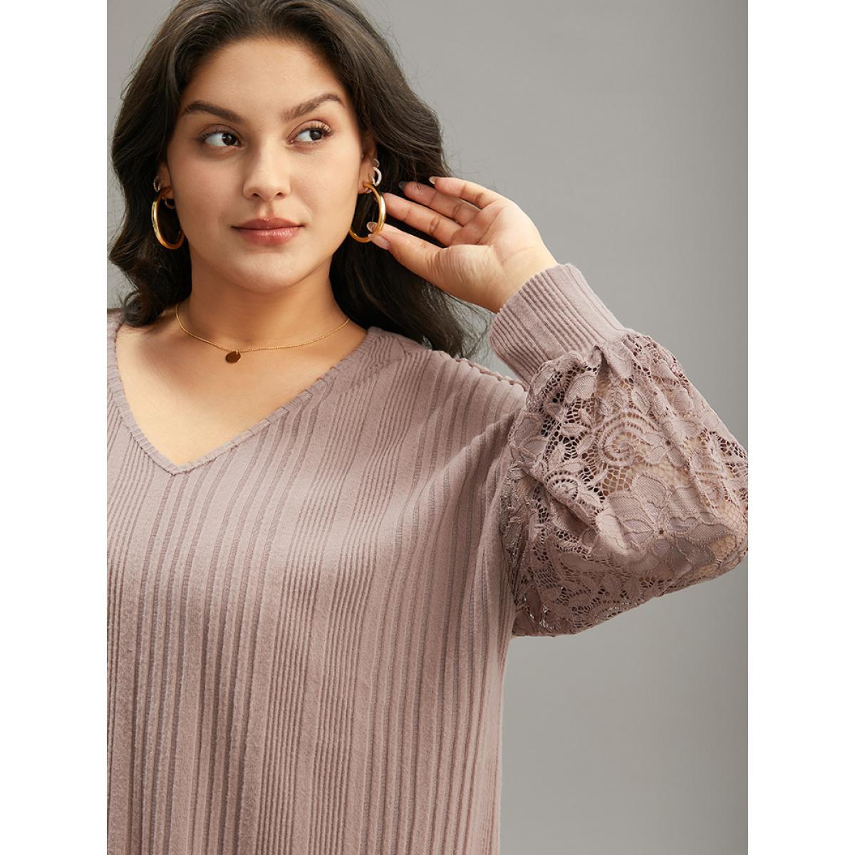 Plus Size Lace Panel V Neck Lantern Sleeve Sweatshirt Women Pink Elegant Elastic cuffs V-neck Dailywear Sweatshirts BloomChic 30/6X Product Image