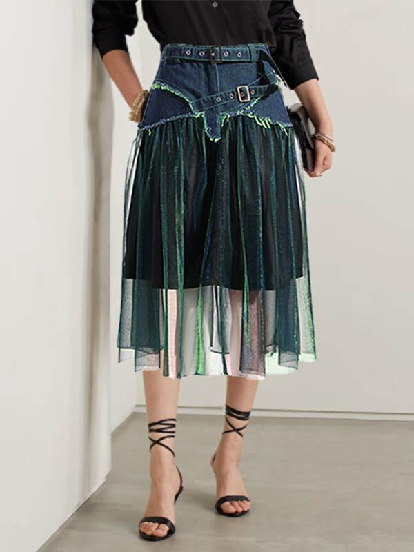 A-Line High Waisted Belted Shiny Skirts Bottoms Product Image