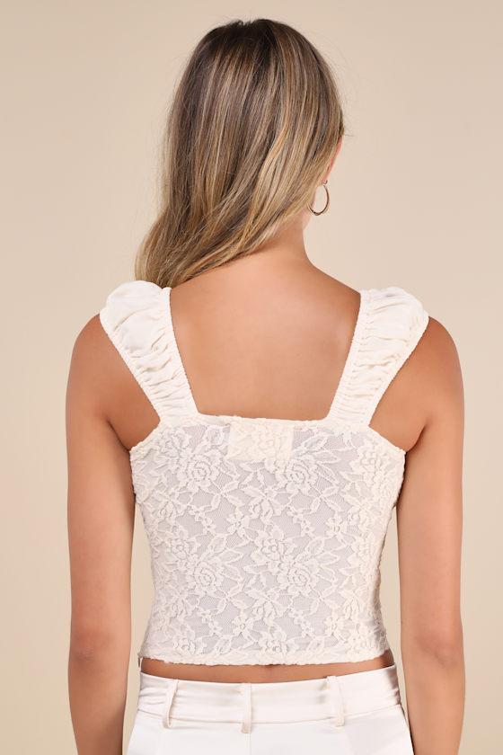 Rose Crush Ivory Rosette Satin Lace Sheer Back Tank Top Product Image