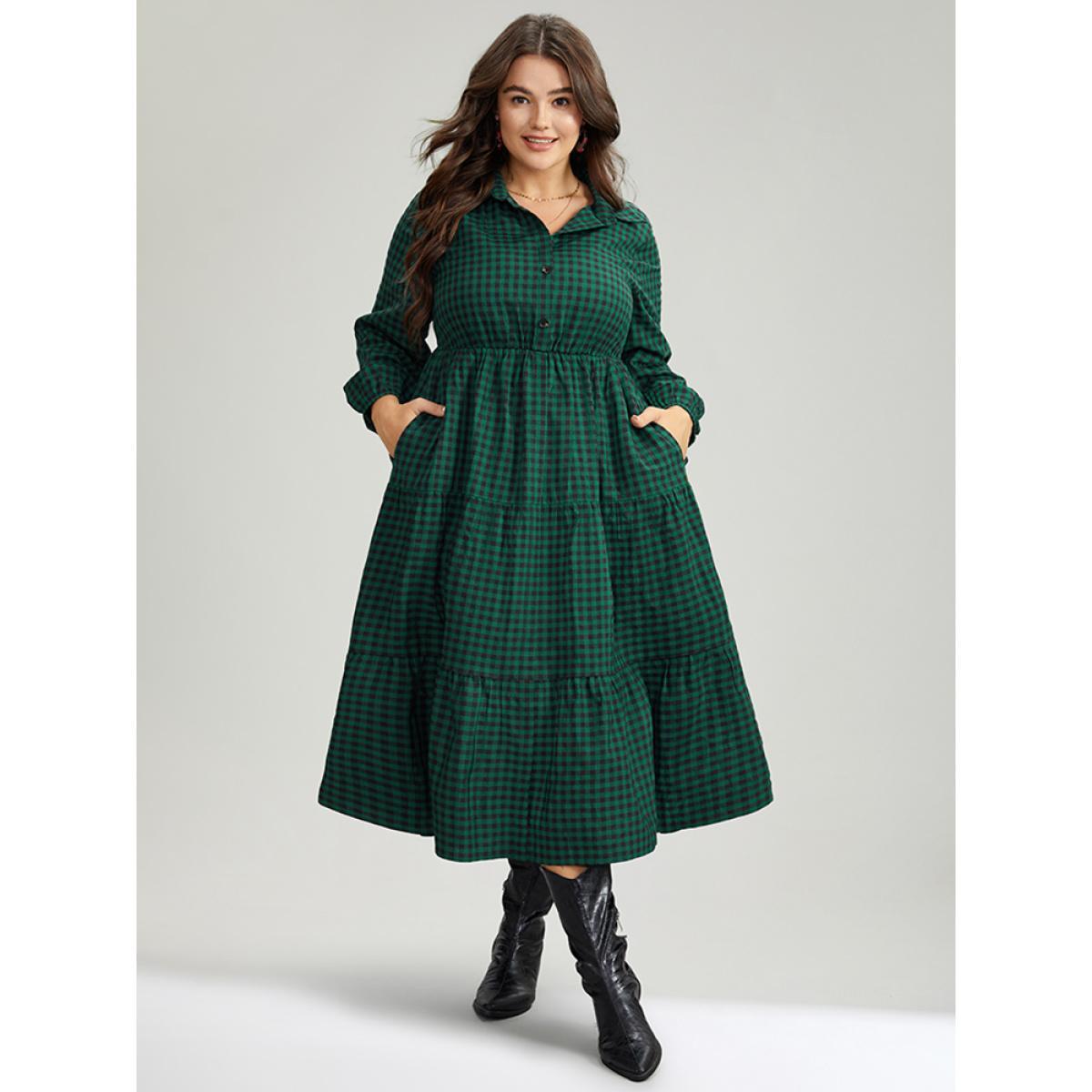 Plus Size Gingham Pocket Button Up Elastic Waist Dress DarkGreen Women Casual Elastic cuffs Shirt collar Long Sleeve Curvy Midi Dress BloomChic 28/5X Product Image