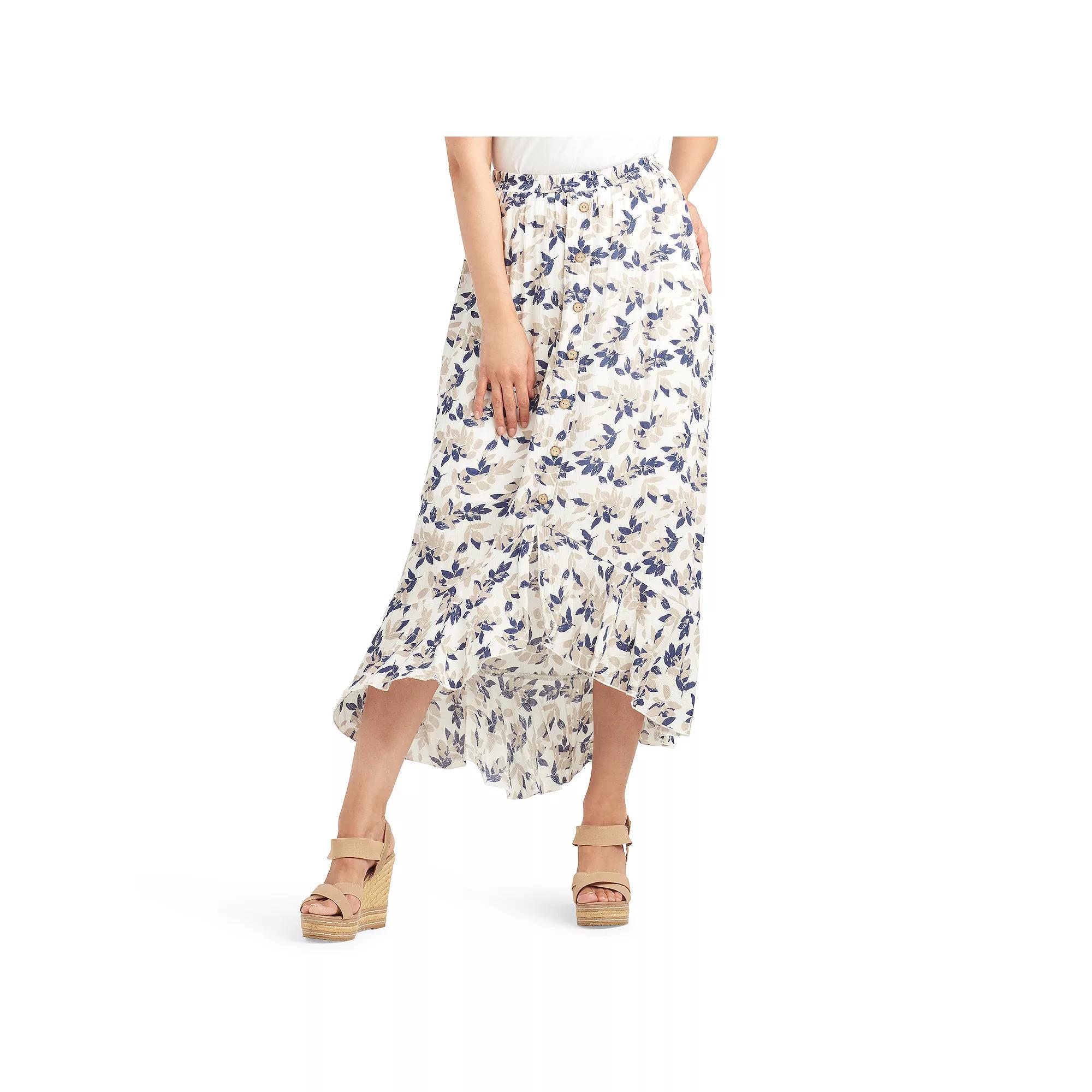 Womens AB Studio Pull On High-Low Ruffle Hem Skirt Sand Blue Leaves Product Image