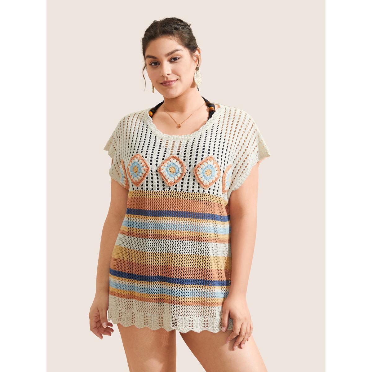 Plus Size Contrast Striped Crochet Cut Out Swim Cover Up Women's Swimwear Ivory Beach Crochet Curve Swim Cover Ups BloomChic 26/4X Product Image