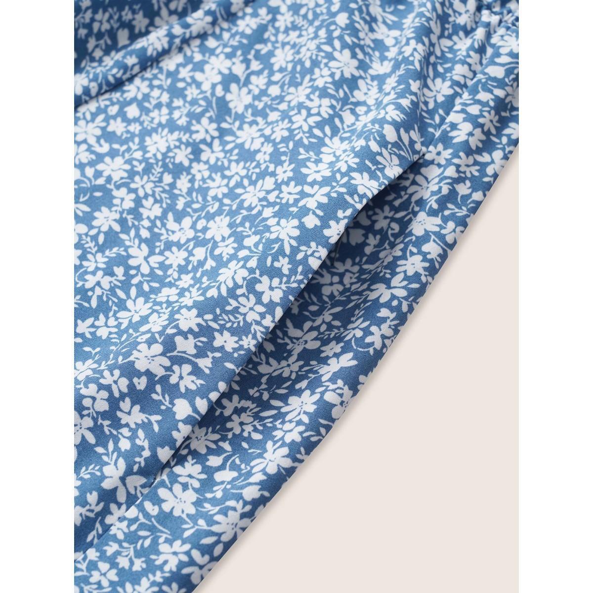 Plus Size Ditsy Floral Print Square Neck Split Hem Dress Cerulean Women Elegant Non Square Neck Elbow-length sleeve Curvy Midi Dress BloomChic 28/5X Product Image