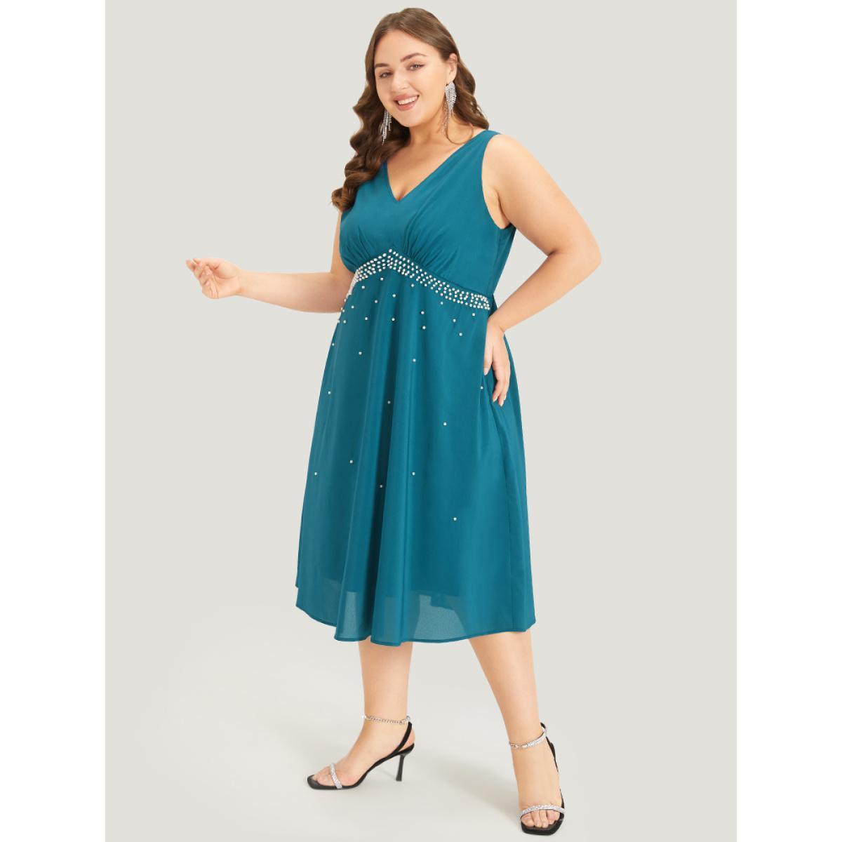 Plus Size Plain Pleated Mesh Pearl Beaded Sleeveless Dress Cerulean Women Party Plain V-neck Sleeveless Curvy Midi Dress BloomChic 22-24/3X Product Image