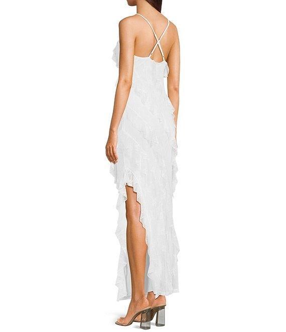 Allison & Kelly Printed Lace V-Neck Asymmetrical Ruffled Dress Product Image