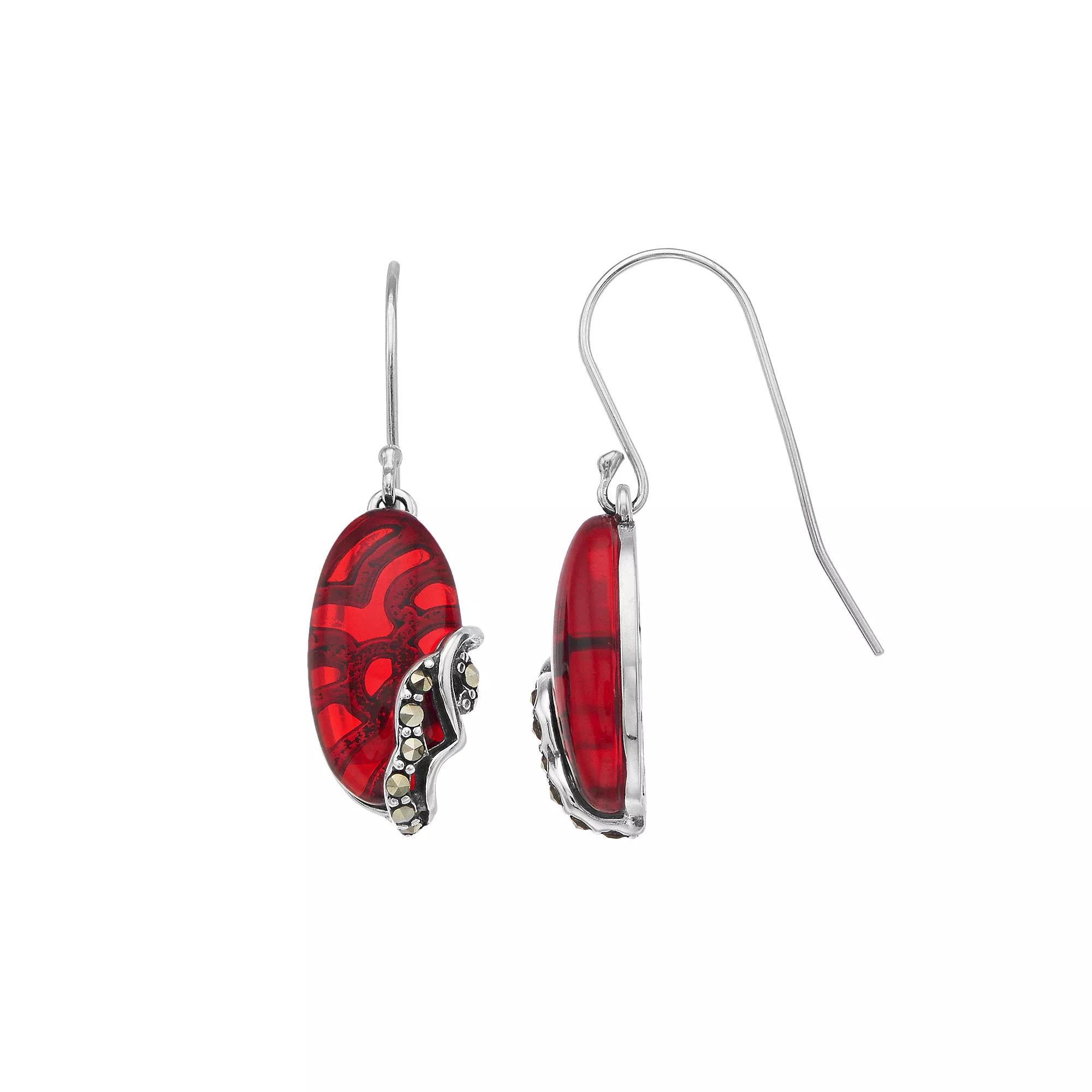 Tori Hill Sterling Silver Marcasite & Red Glass Oval Drop Earrings, Women's Product Image