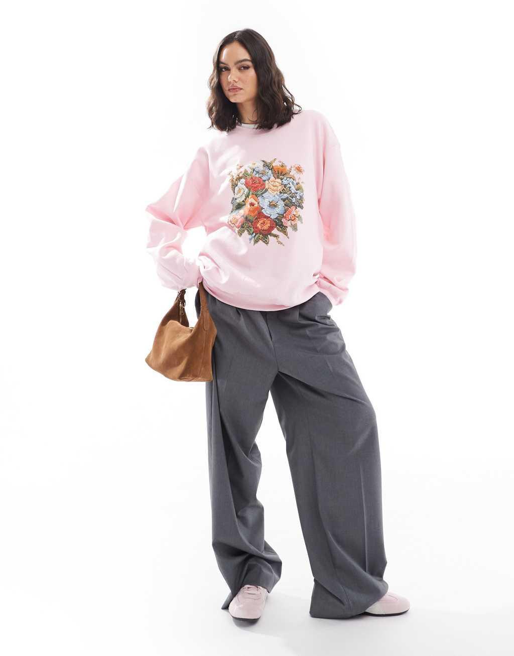 Miss Selfridge floral oversized sweatshirt in pale pink Product Image