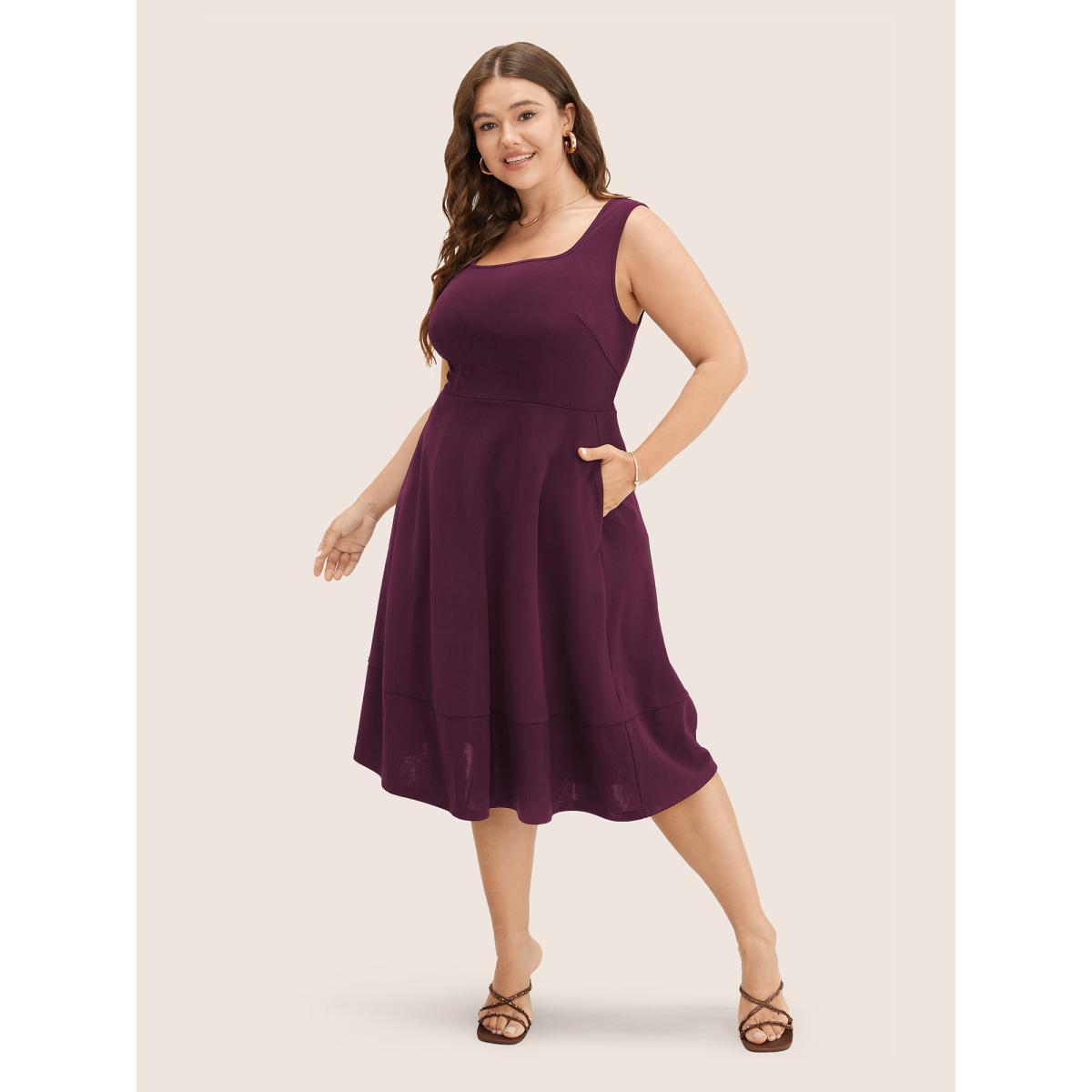 Plus Size Solid Pocket Sleeveless Ruffle Hem Tank Dress Black Women Workwear Essentials Non Round Neck Sleeveless Curvy Midi Dress BloomChic 14-16/1X Product Image