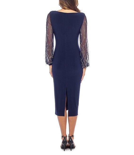 Marina V-Neck Long Beaded Sleeves Side Ruched Midi Sheath Dress Product Image