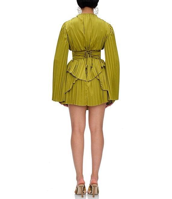 Andrea Iyamah Lenti Pleated Satin Round Neck Long Sleeve Corset Mini Dress Product Image